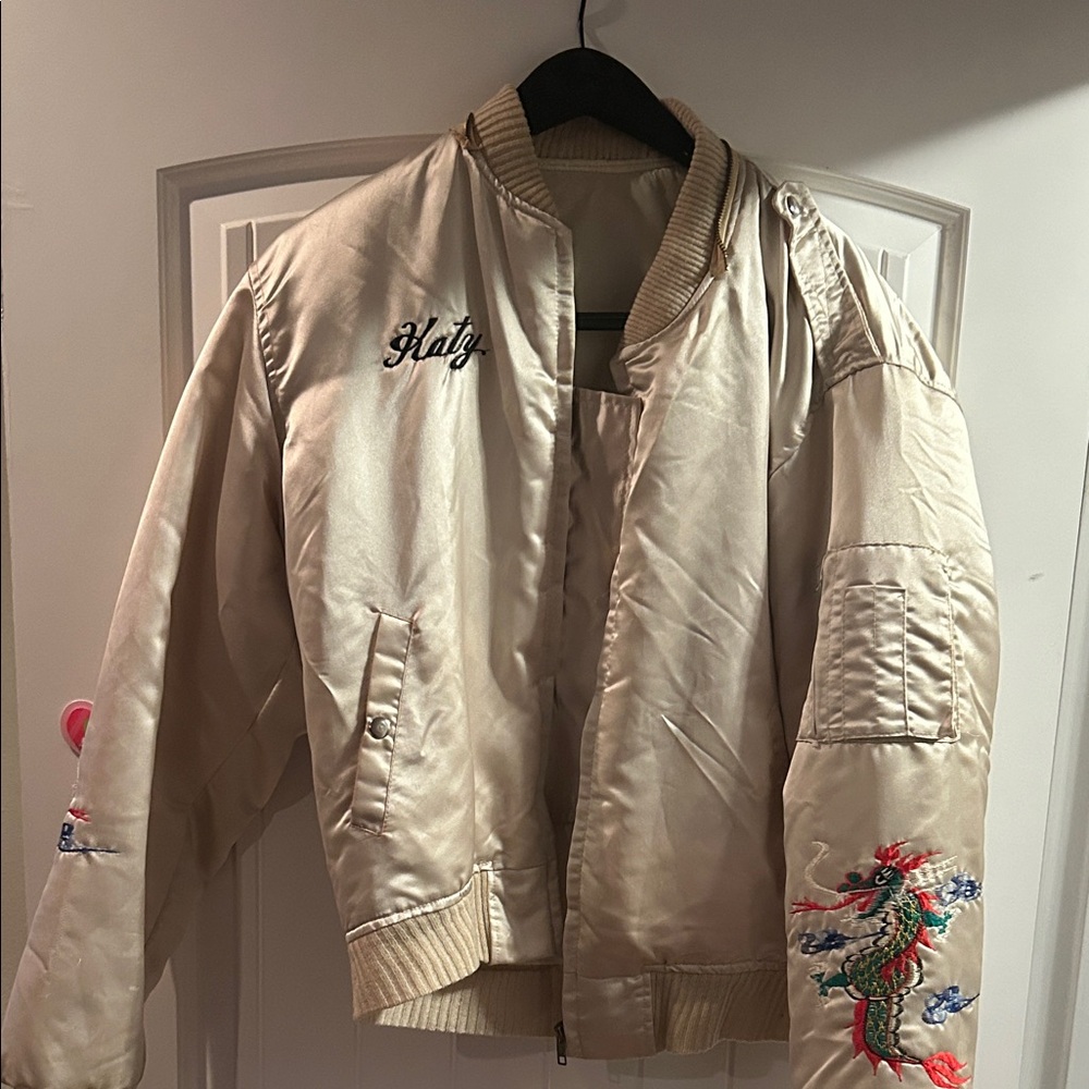 Tailor Vintage Cream Bomber Jacket with Embroidered Dragon